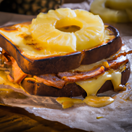 A delicious grilled ham and pineapple sandwich with melted cheese and BBQ sauce.