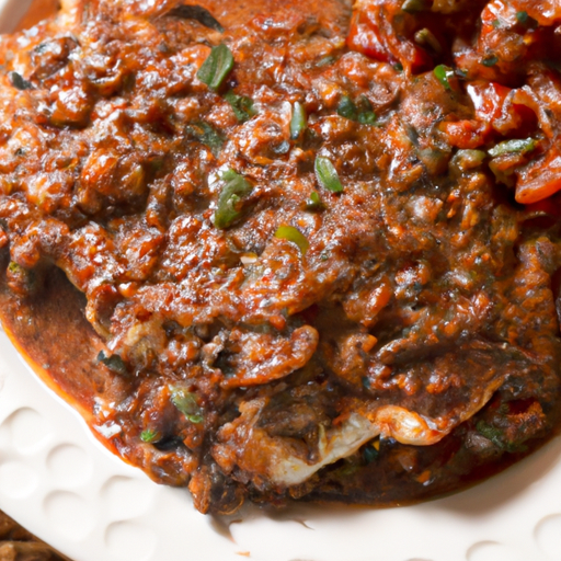 A vegetarian version of Swiss steak made with portobello mushrooms and a rich tomato sauce