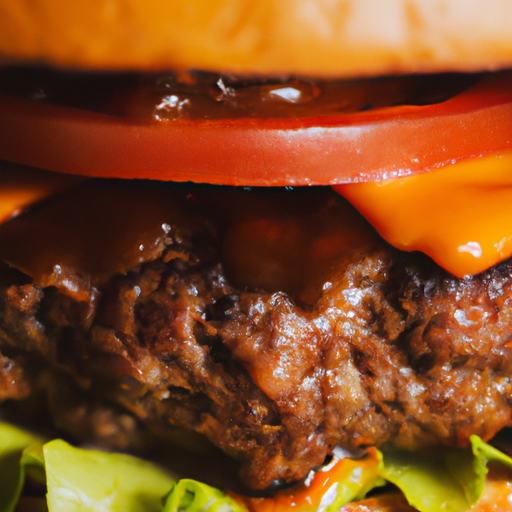 Close-up of a juicy homemade burger with melted cheese and toppings